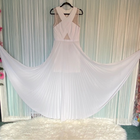 BCBGMaxazria White Pleated Lace Maxi Dress - Picture 4 of 17